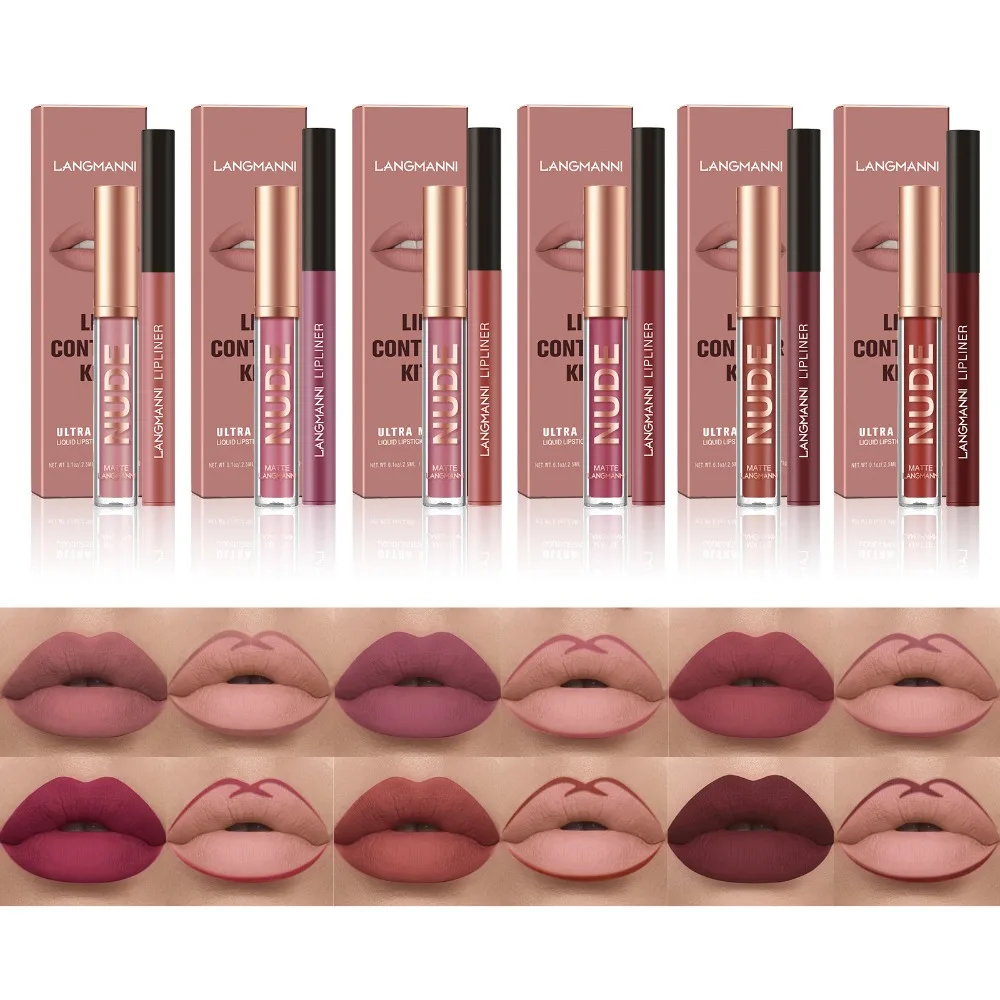 Lipliner- und Lipgloss-Set, 2-teilig, wasserfest, mattes Finish, kussfest, langlebige Formel für definierte Lippen, perfektes Paar-Kombination