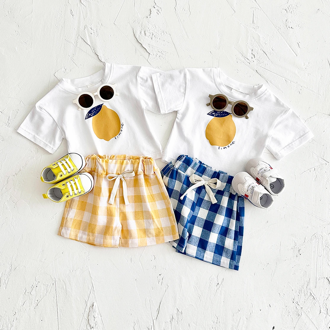 Newborn Summer Baby Boys Girls Clothes Set 2PCS Lemon Fruit Print T-shirt+Checked Shorts Beach Infant Toddler Outfit Set 1-3Y