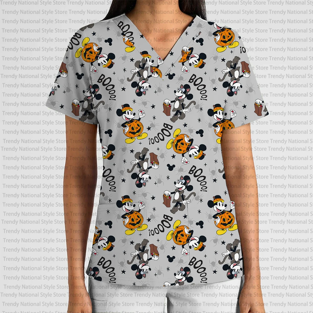 Halloween Pumpkin Head Disney Mickey Print V-Neck Pocket Short Sleeve Top Dental Pet Shop Beauty Salon Nurse Medical T-shirt