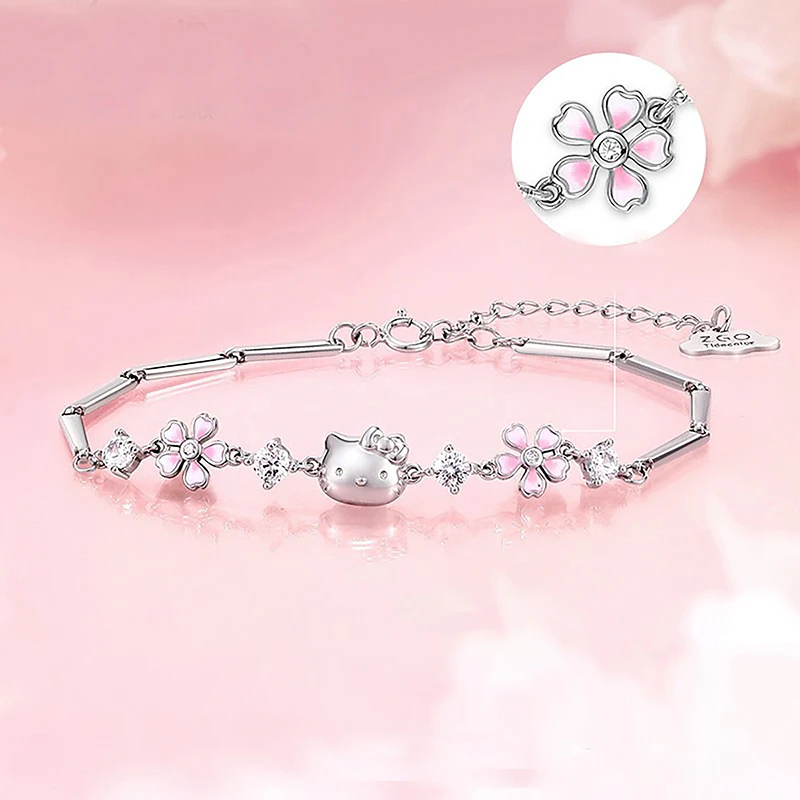 Cute Kawaii Sanrio Hello Kitty Sakura Charm Bracelet Cartoon Lovely Charm Flower Zircon Bracelet For Party Gifts For Women Girls