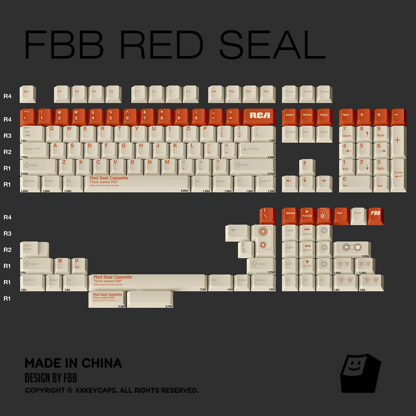 FBB Keycaps Red Seal Retro Orange PBT Sublimation Key Caps For Mechanical Keyboard Cherry Profile DIY Kit 1.7mm Thick 145 Keys