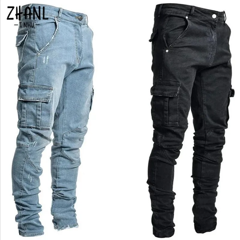 Men's Elastic Waist Cargo Jeans Multi-Pocket Workwear Cross-Border Style Comfortable Fit Stretchy Side Detailing Denim Pants
