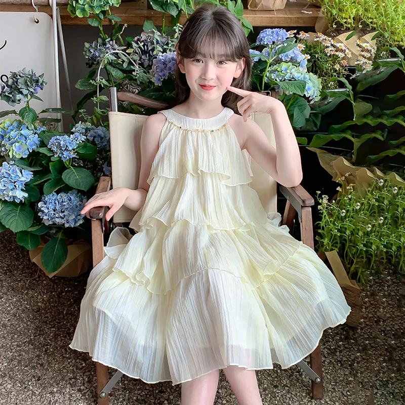 Girls Summer Casual Sleeveless Midi Dress Bohemian Vintage Princess Style Thin Fabric Cool Feeling Skirt Vest Dress