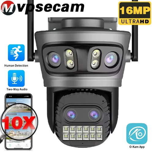 Cámara WiFi para exteriores de 16MP, 8K, Zoom óptico de cabeza 10X, cinturón de seguridad impermeable para exteriores, visión nocturna, cámara de seguimiento de reconocimiento AI