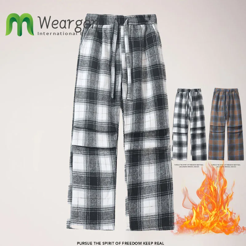 Winter Men's Sweatpants Checked woolen Thick Warm Fleece  Straight Loose Track Pants Male Casual Thermal Velvet Trousers HK24942