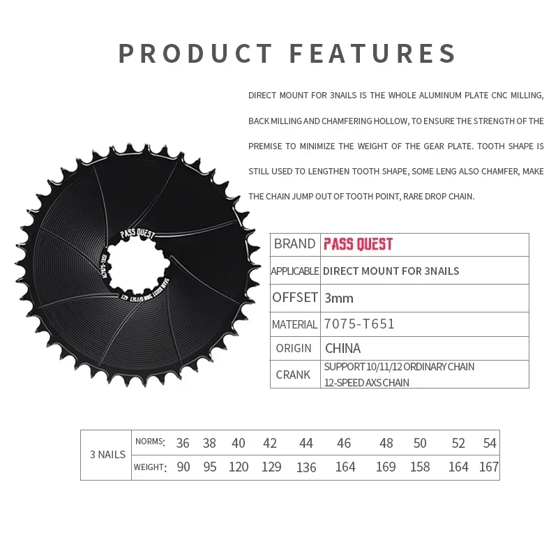 PASS QUEST Bicycle Chainring 3mm Offset Norrow Wide Teeth Closed disc Direct Mount Chainwheel For 36T-54T