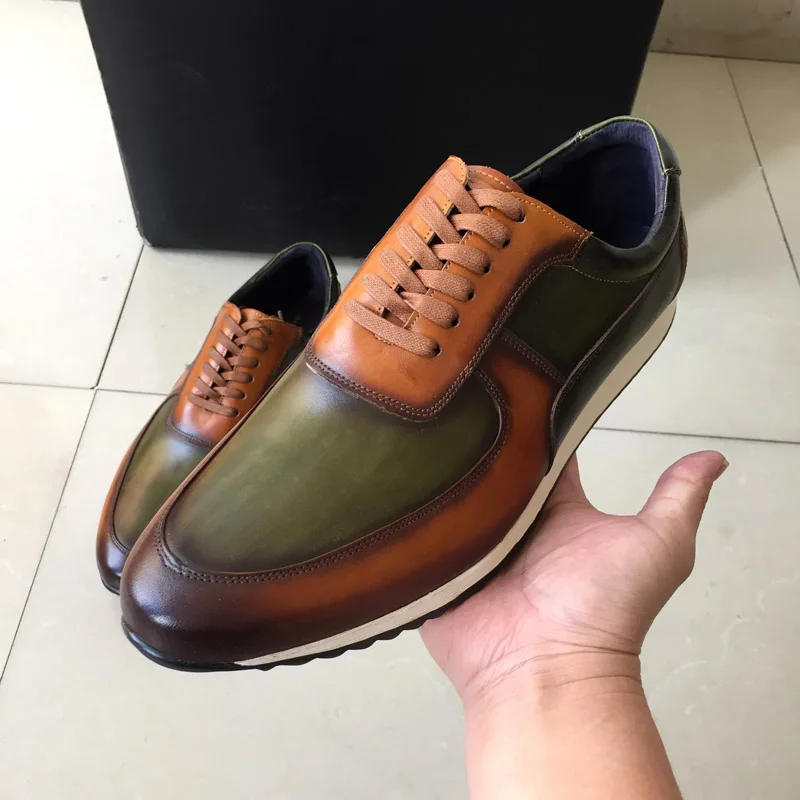 Big Size 5-15 Mens Casual Shoes Genuine Leather Hand Painted Oxford Brown Green Lace-Up Fashion Street Style Sneakers for Men