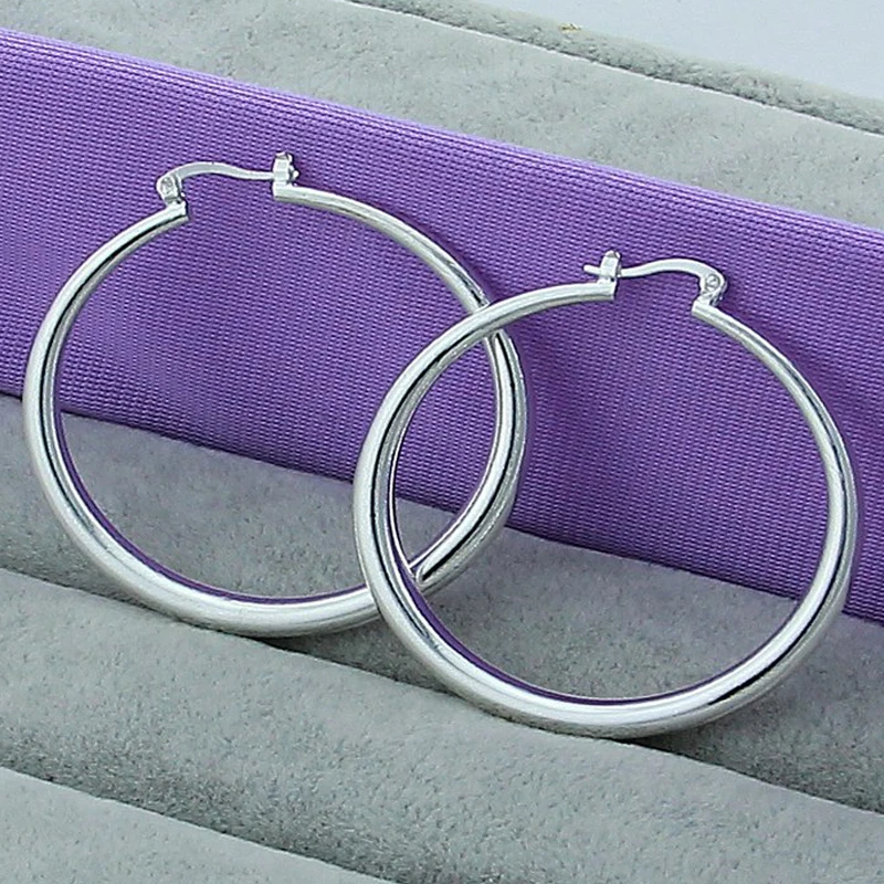 

925 Sterling Silver 40mm Smooth Round Hoop Earrings For Women Wedding Party Elegant Luxury Quality Jewelry Accessories