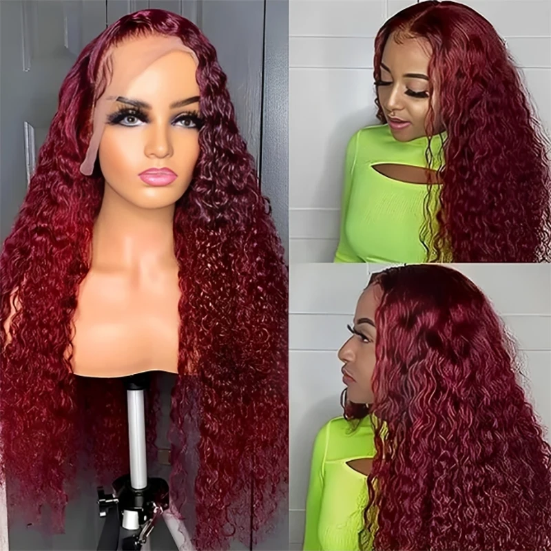 

200 Density Deep Wave 99J Burgundy 13x4 Human Hair Lace Frontal Wigs 13x6 Curly Hd 30 40 Inch Lace Front Wig Brazilian Red Wine