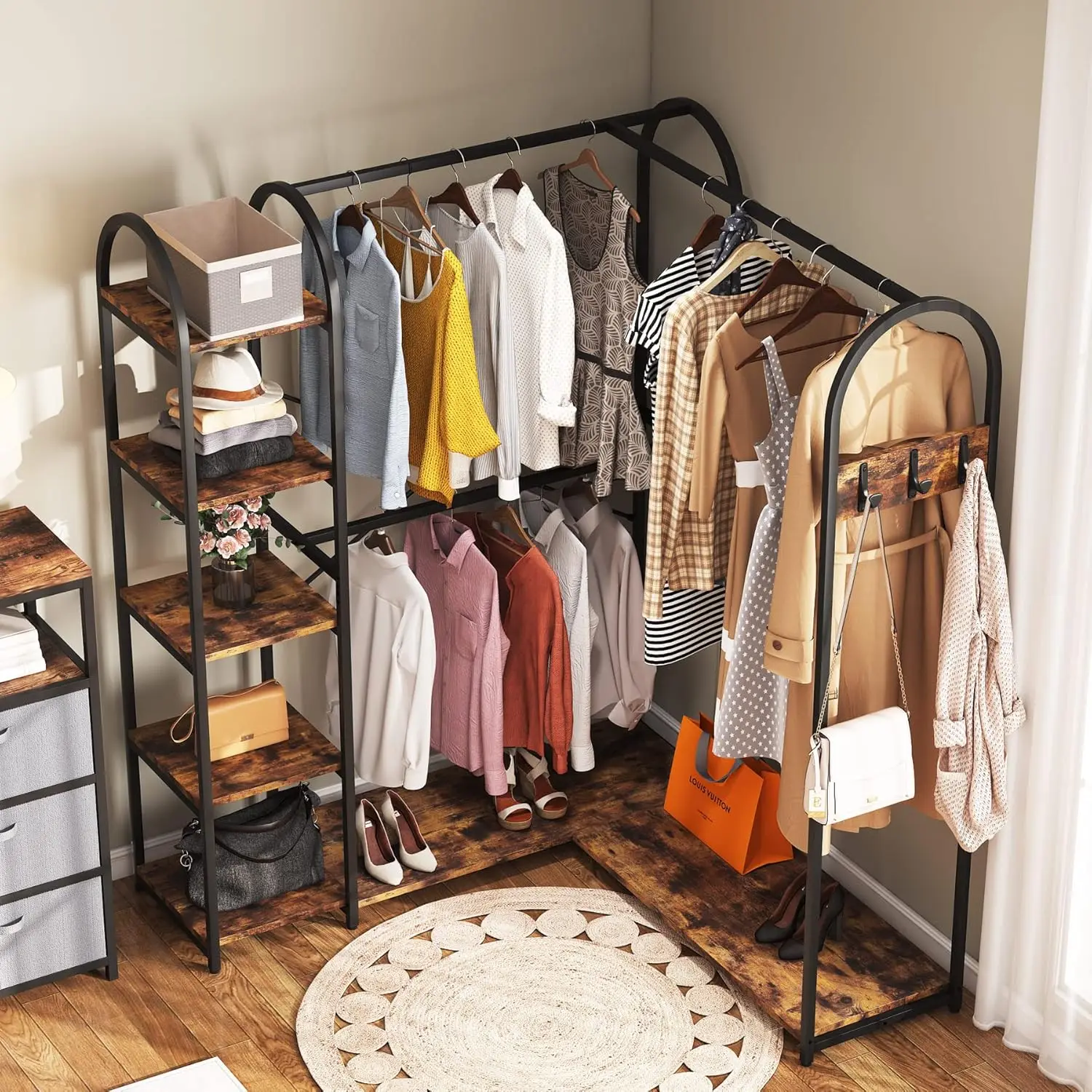 Shape Clothes Rack, Corner Garment Rack with Storage Shelves and Hanging Rods, Space-Saving Large Open Wardrobe Closet for Bedro