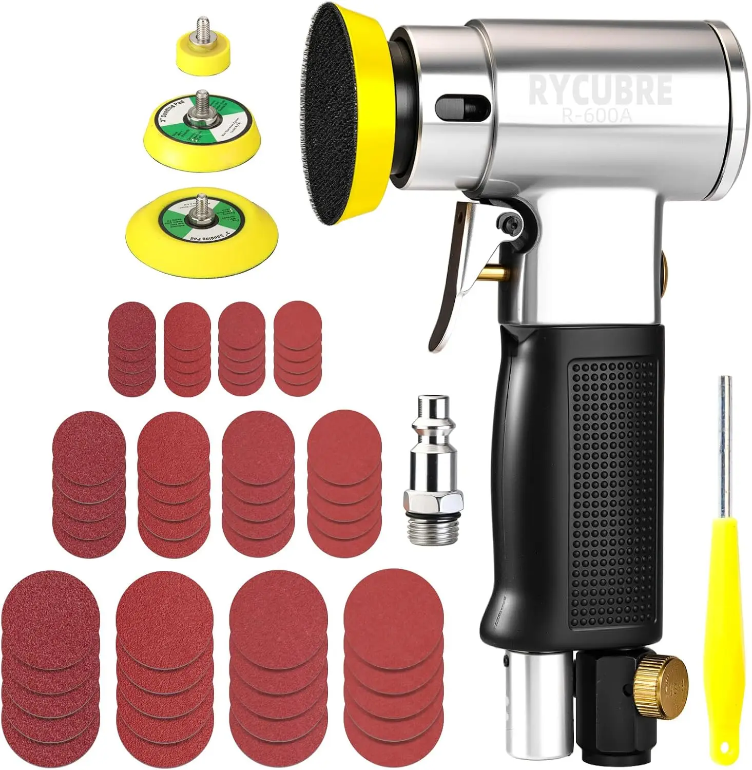 

3-дюймовая орбитальная пневматическая шлифовальная машинка с 60 наждачными листами для деревообработки, полировки автомобилей, проектов DIY