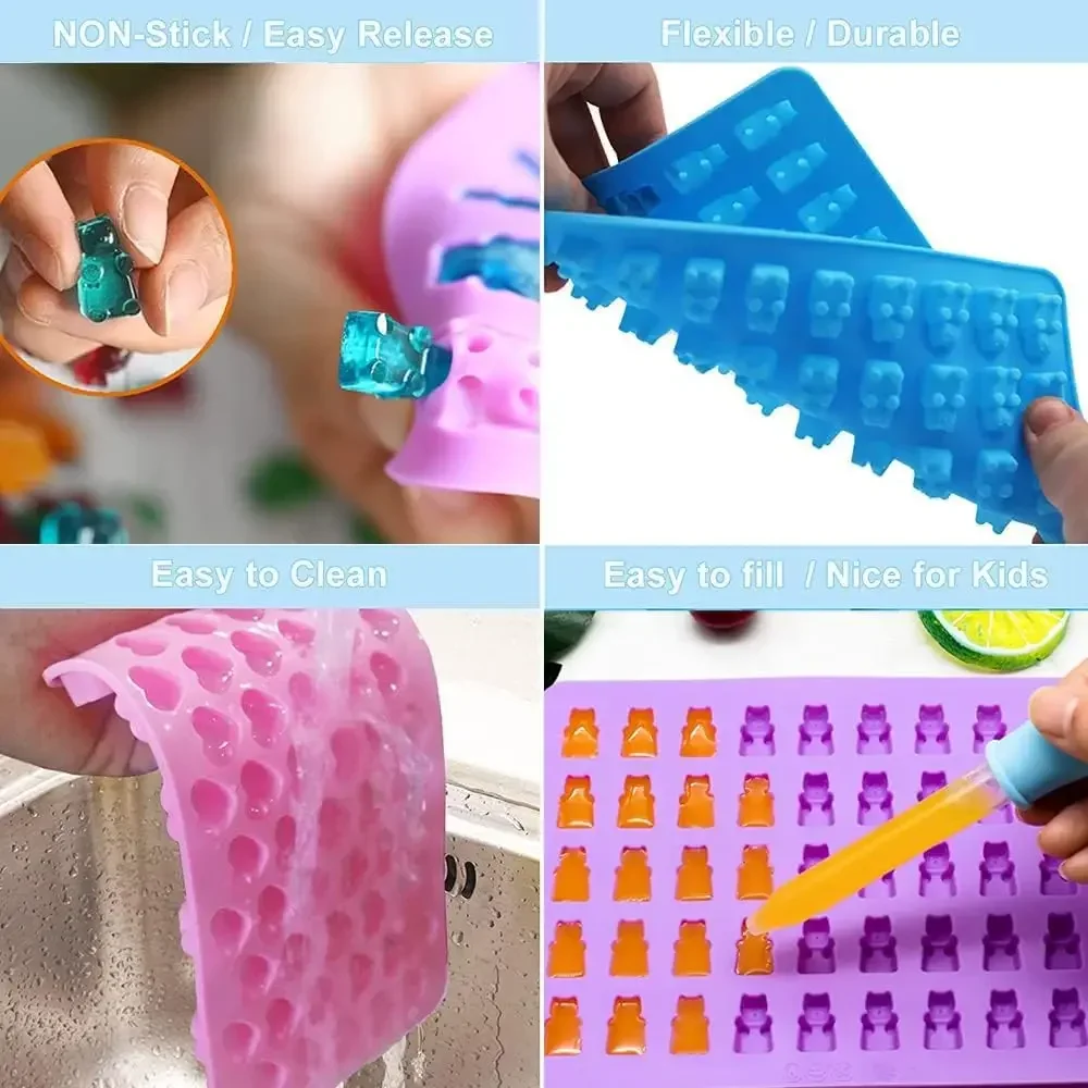 50/100 Grids Silicone Gummy Mini Bear Molds Cute Fondant Pastry Chocolate Candy Maker Cake Decorating Tools DIY with 2 Droppers