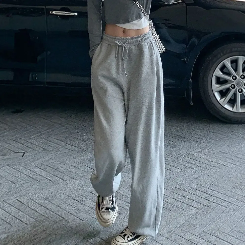 Light Grey Casual Pants Women's Autumn Style Wide Leg Sweatpants Straight Cut Sports Trousers High Street Trend Female Fashion