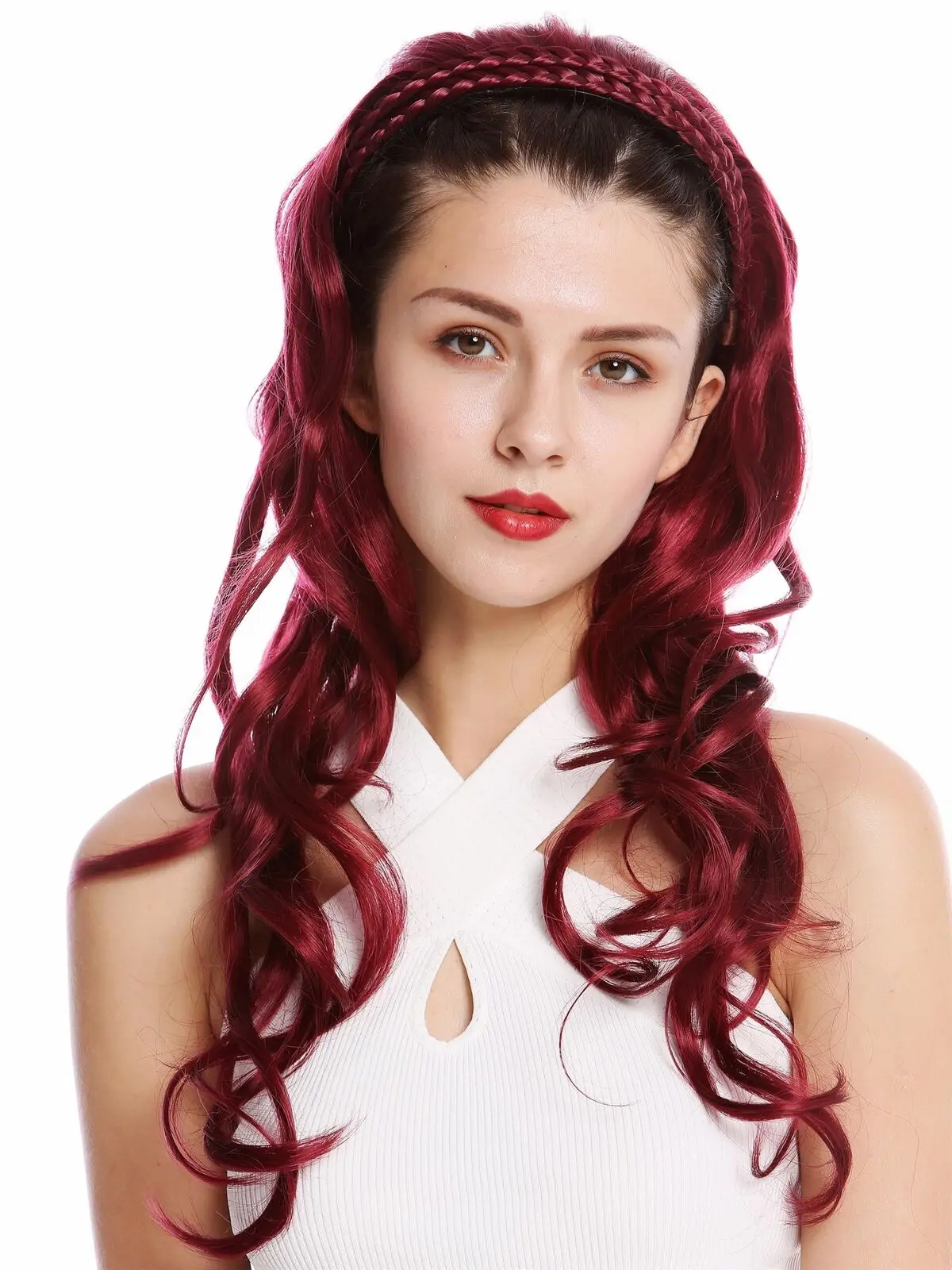 

Half Wig Hair Piece Noble Braided Headband Very Long Wavy Red Garnet Red Wigs Synthetic