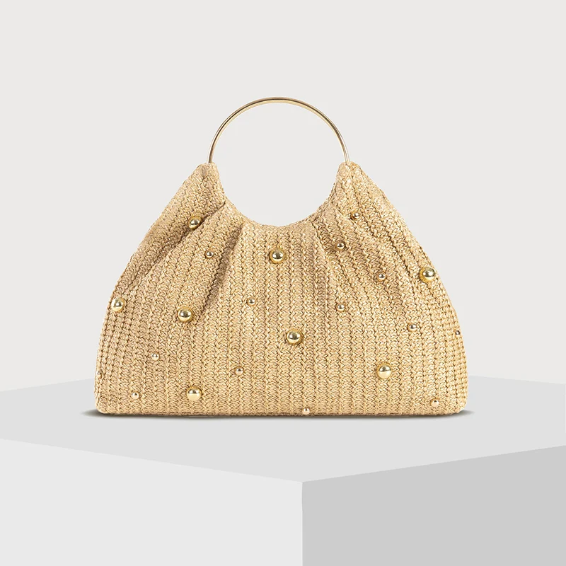 

Summer Hand-woven Straw Bag Women Hollowed-Out Metal Round Handle Purse Fashion Cloud Handbag Travel Beach Totes Bags