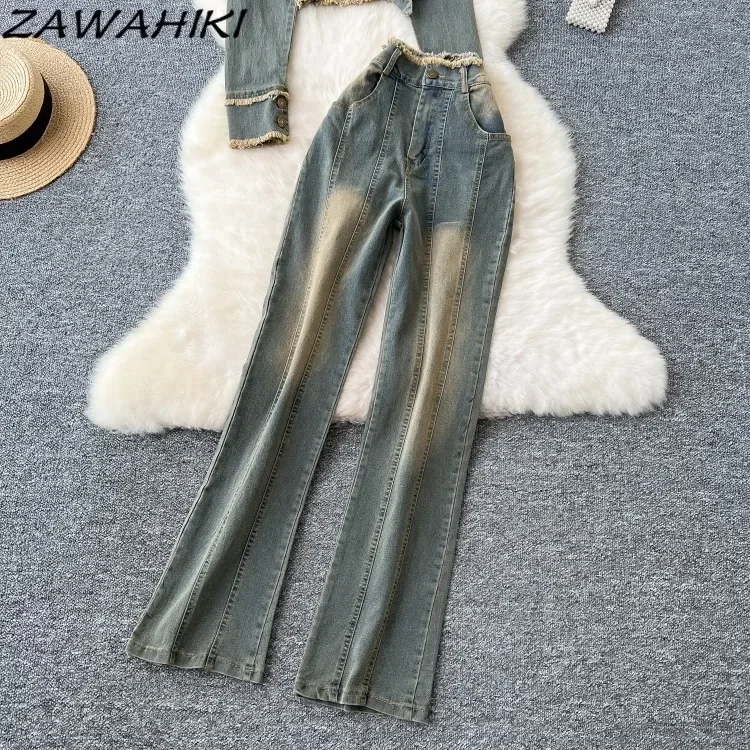 American Retro Two Piece Set Women Patchwork Off Shoulder Strap Denim Top + High Waist All Match Jeans Office Lady Ropa Mujer