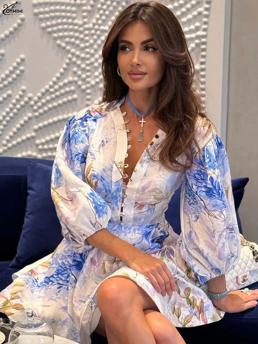 Oymimi Elegant White Print Women's Dress Fashion Three Quarter Sleeve Single Breasted Dresses Casual High Waisted Mini Dresses