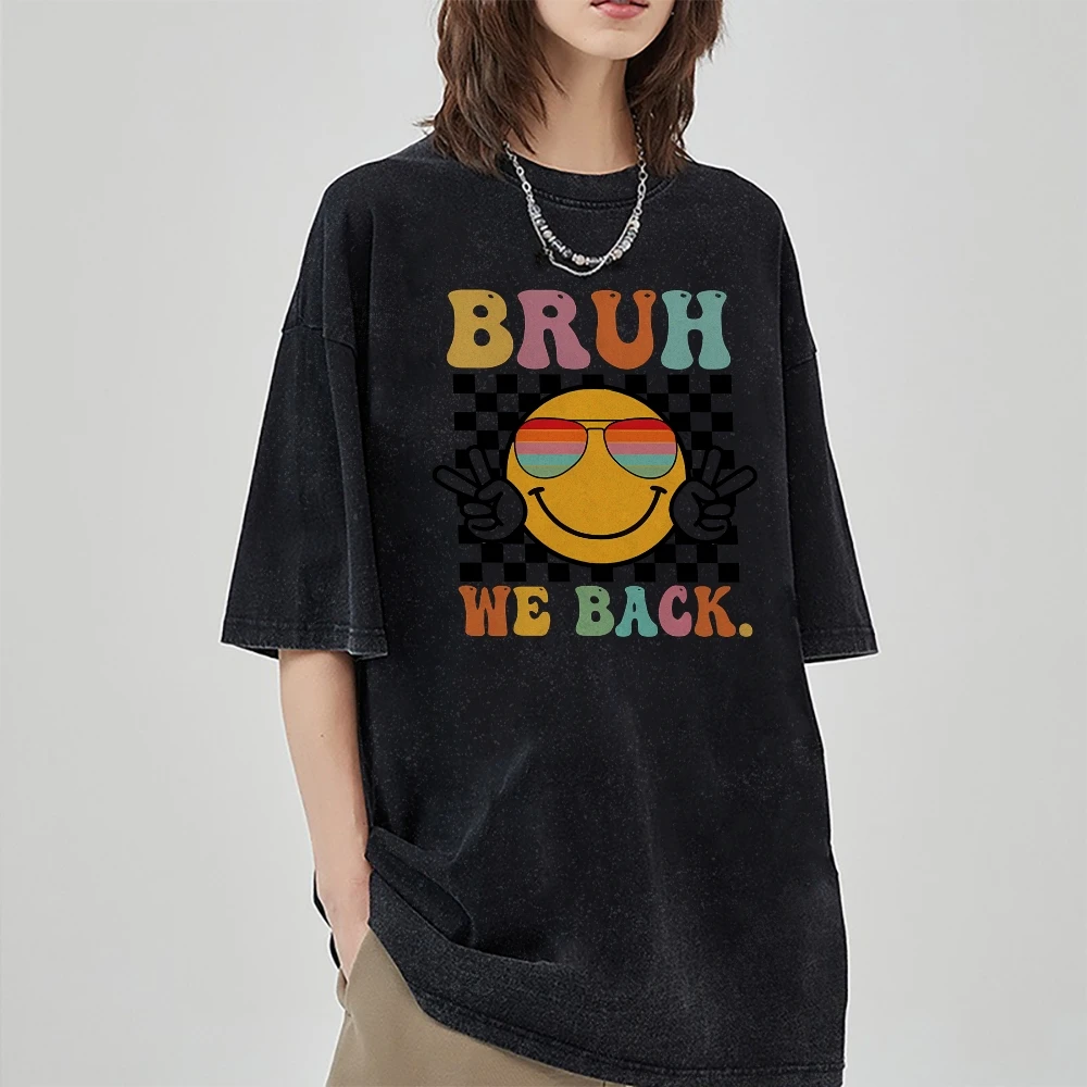 Bruh We Back Smile Face T-shirt, Retro Style Funny Graphic Tee, Back To School Shirt, Unisex Casual Tee, Gift for Hipsters