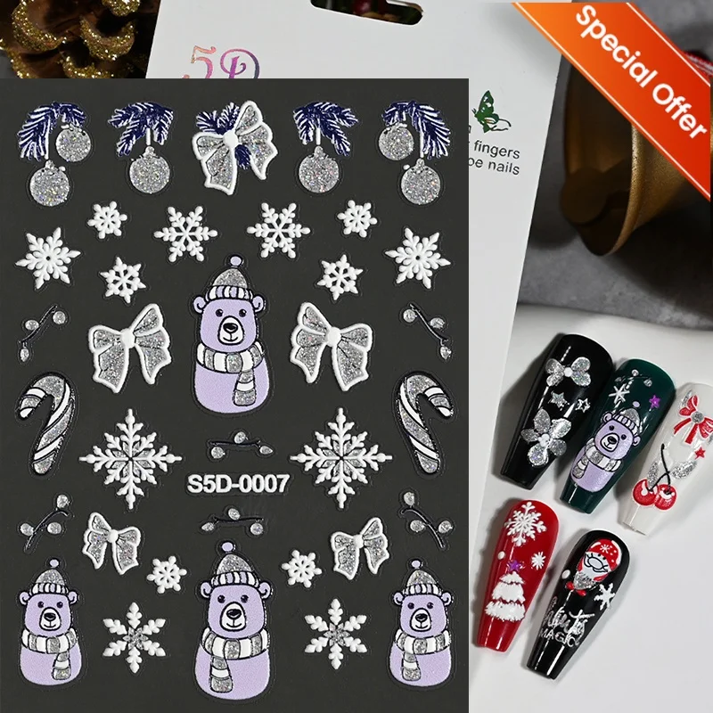 1pc 5D エンボスアクリルスノーフレークベルネイルステッカーゴールドシルバーパウダークリスマス粘着スライダーネイルステッカー