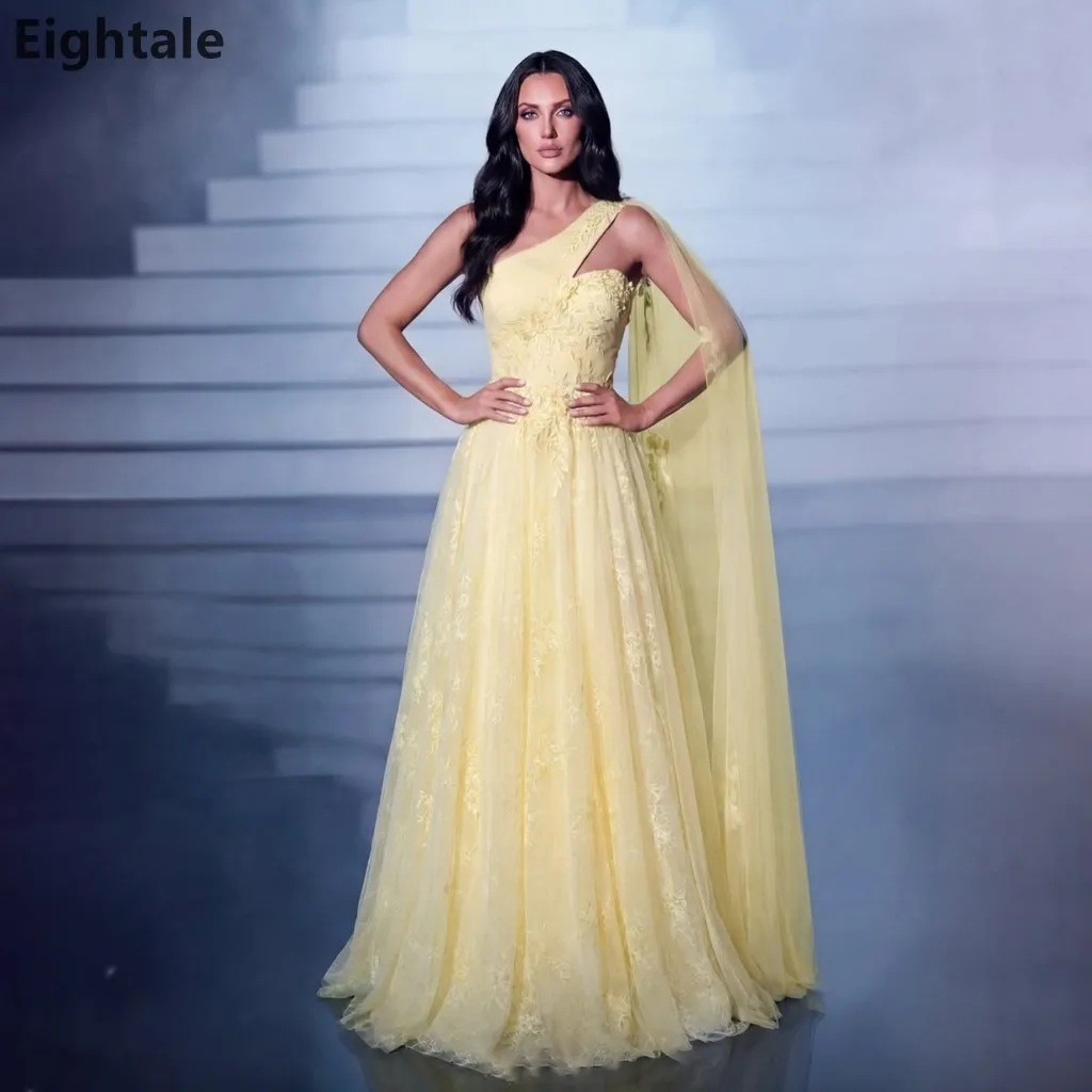 

Eightale 2026 Luxury Evening Dress Yellow One-Shoulder Lace Applique Tulle Cape Prom Dress Formal Party Gown Customized