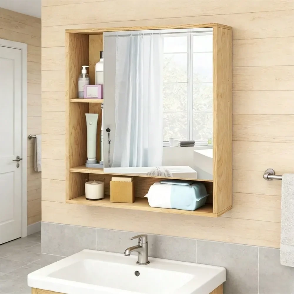

Mounted Bathroom Cabinet With Mirror Single Door 3Position Adjustable Shelf Hidden And Open Storage For The Bathroom, Living Ro