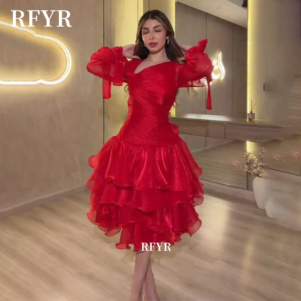 

RFYR Tea Length Prom Dress Long Sleeve Evening Party Dress Multilayers Ball Gown فساتين مناسبة رسمية Customized