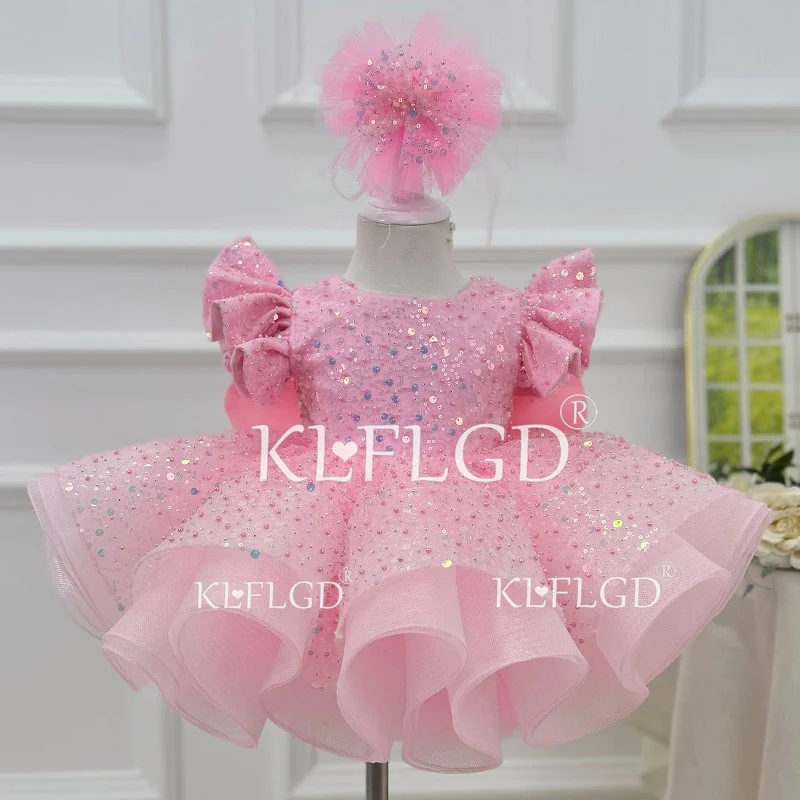 

Gorgeous and elegant girl toddler dress sequin fly sleeve beauty pageant dress baby big bow one year birthday party costume