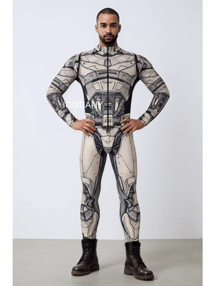 Herren Roboter-Skelett Mechanische Rüstung Bodysuit Hochhals Enger Jumpsuit Halloween Cosplay Futuristisches Party Bühnenkostüm Outfit – Detail 4