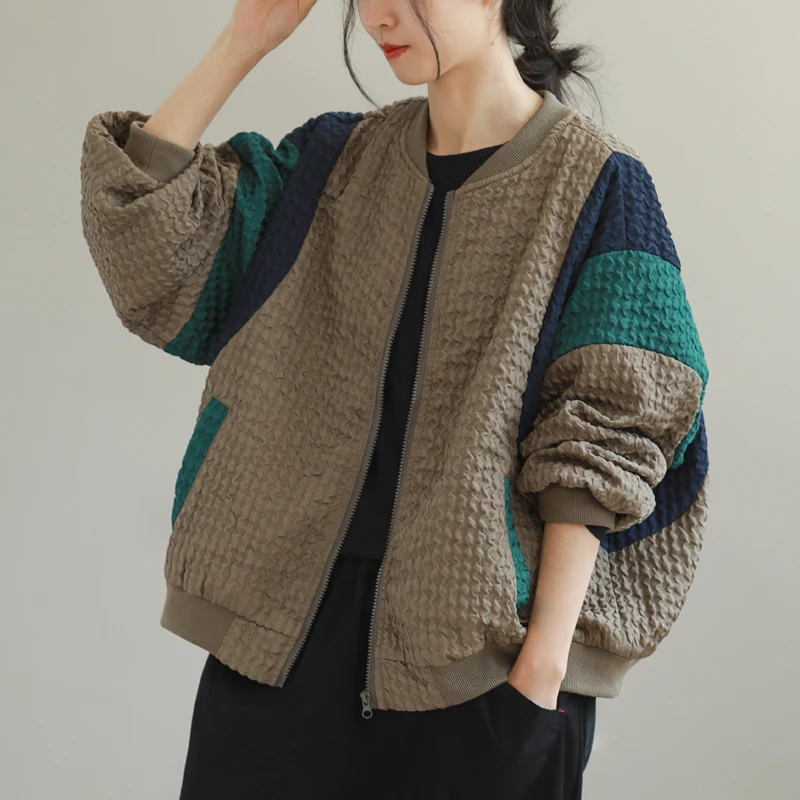

Spring Autumn Women's Loose Fit Long Sve Jaet Color Blo Trendy Casual Versatile Outerwear Commute Sle round Ne Zipper