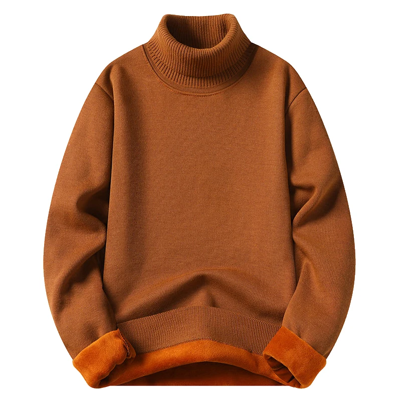 

Mens Turtleneck Sweater Fleeced Knitwear Solid Color Velvet Jumpers Slim Fit Elegant Luxury Brand Brown Knitted Sweaters