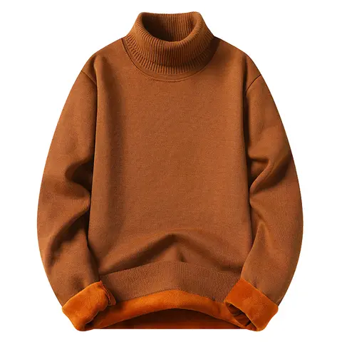 Mens Turtleneck Sweater Fleeced Knitwear Solid Color Velvet Jumpers Slim Fit Elegant Luxury Brand Brown Knitted Sweaters