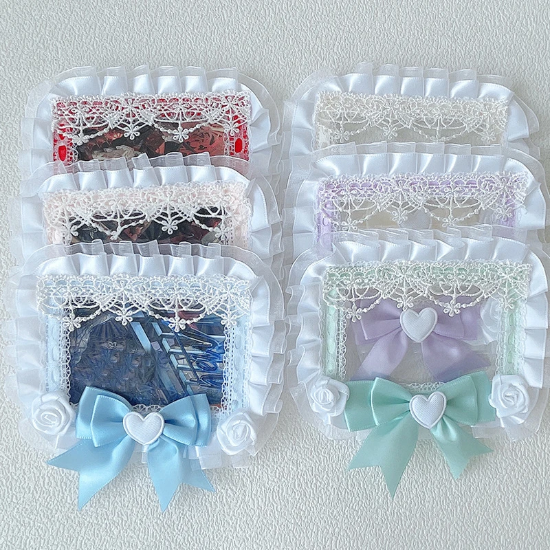 Handmade 3‑inch photocard holder, multi‑color, layered lace ruffle, satin big bow, heart ornament, fabric rose decor, sweet Lolita style, for polaroid, idol collectible & anime cards