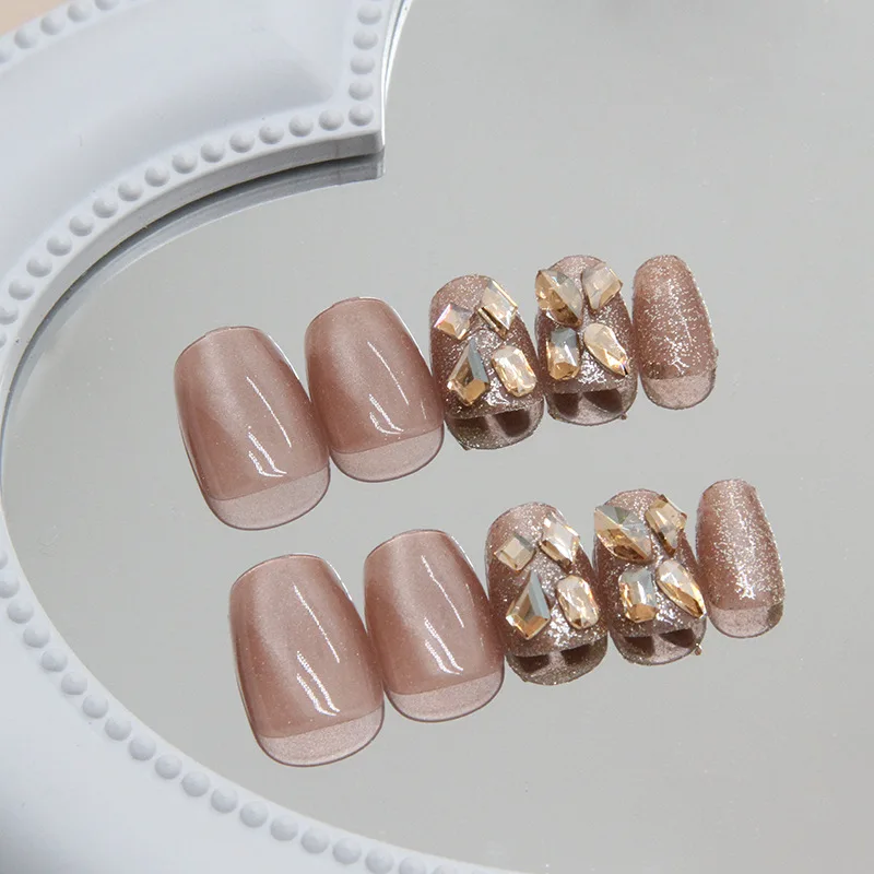 24Pcs Cat's Eye Handmade Fake Nails Tips Glitter Mid-length Oval Press on Nails Art Bow Rhinestone Design False Nail Sets - view 3