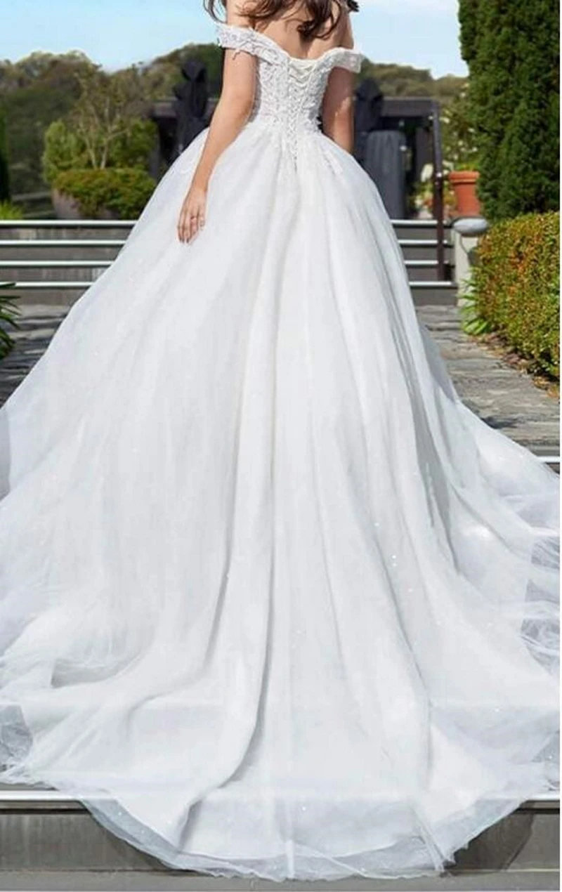 100% Real Photos Off-Shoulder Sweetheart Short Sleeve Backless Ball Gown Wedding Dress Elegant 2020