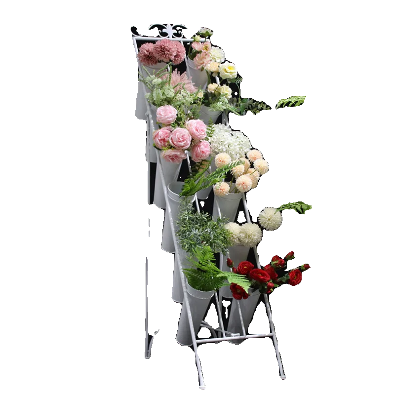 

Wrought iron flower shop bouquet display stand multi-layer ladder shelf bucket arrangement tube floor display stand