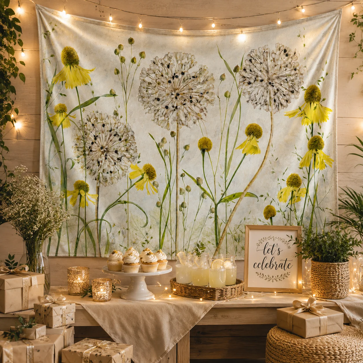 Rustic Dandelion Wildflower Tapestry Botanical Plant Wall Hanging, Studio Photography Backdrop, Live Stream Background Decor