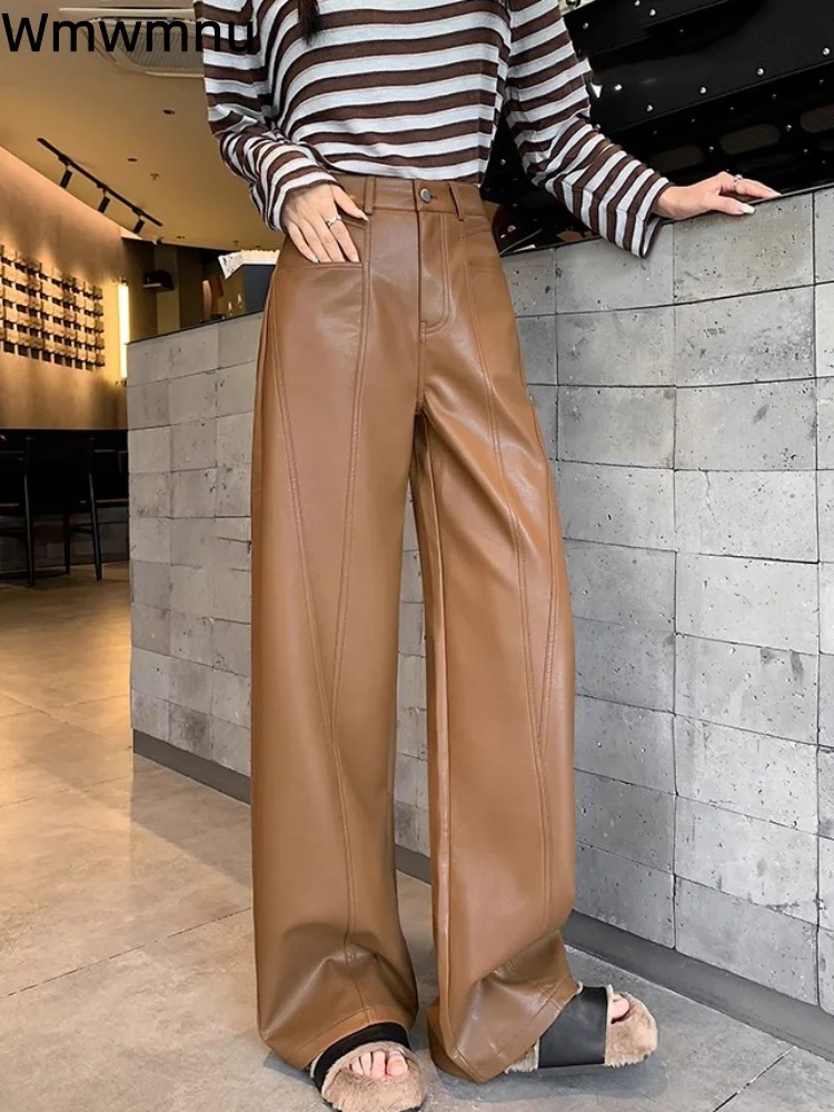 

Плюшевые брюки из искусственной кожи с высокой талией, женские повседневные прямые мешковатые новые брюки с широкими штанинами, свободные модные теплые брюки Spodnie