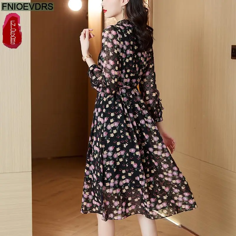 Casual Holiday Shirt Dress Women New 2024 French European Style Design Ruffles Bow Tie Floral Print Retro Long Dresses Vestidos