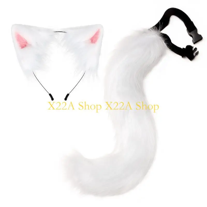 

Unique for Cat Ears Headband Leather Choker Tail Set Furry Aniaml Ears Hairband Collar Headpiece Accessories for Halloween Cosp