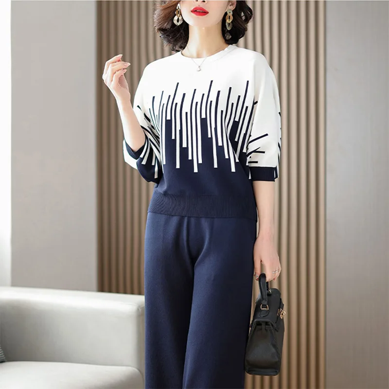 Contrasting colors Knitted Two-piece Women\'s Set 2023 Spring/Summer New Loose Knitt Short Sleeve Top+Wide Leg Pants Casual Sets