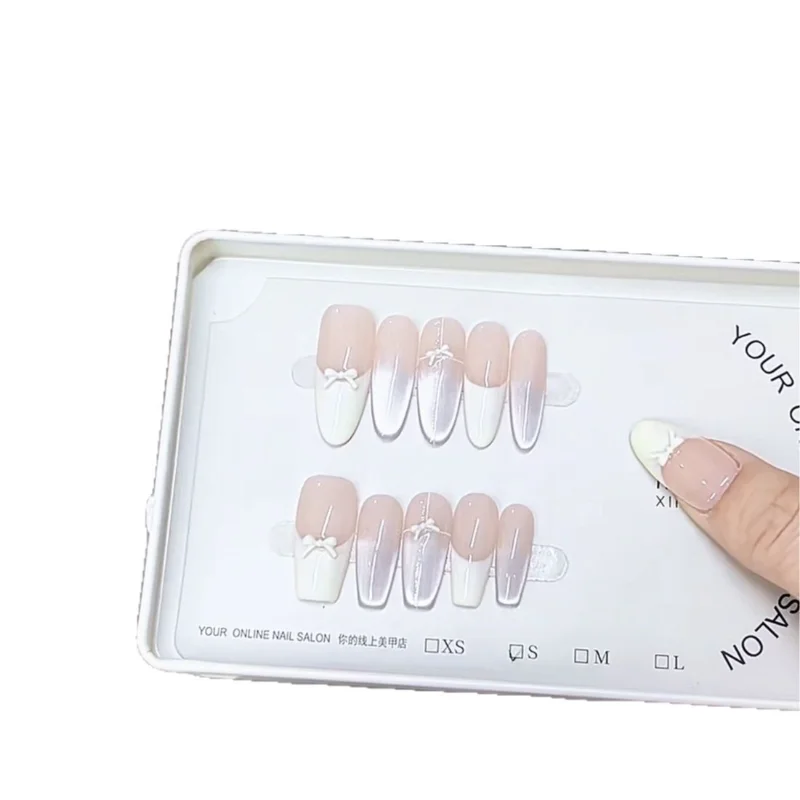 

Handmade nail spring and summer new white bow temperament French cat eye high-end nail patch