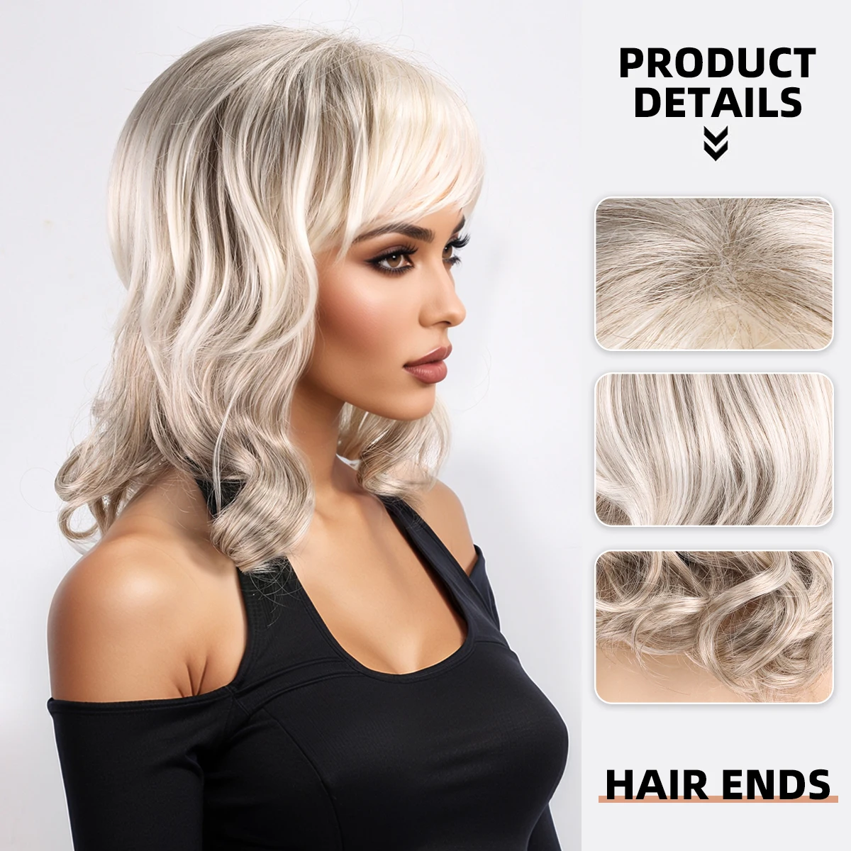 European and American fashion wig for women, curly hair, side-parted, platinum blonde, fluffy, short curl, synthetic fiber wig
