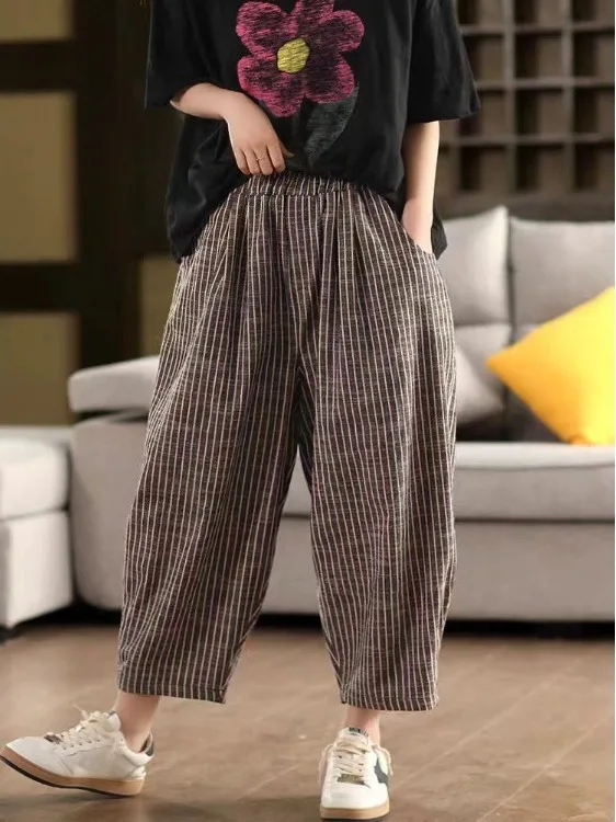 

Лето 2023 г., новинка 00 цветов, тканые льняные полосатые шаровары, женские свободные брюки с эластичной резинкой на талии, утягивающие повседневные длинные брюки Harajuku Sle
