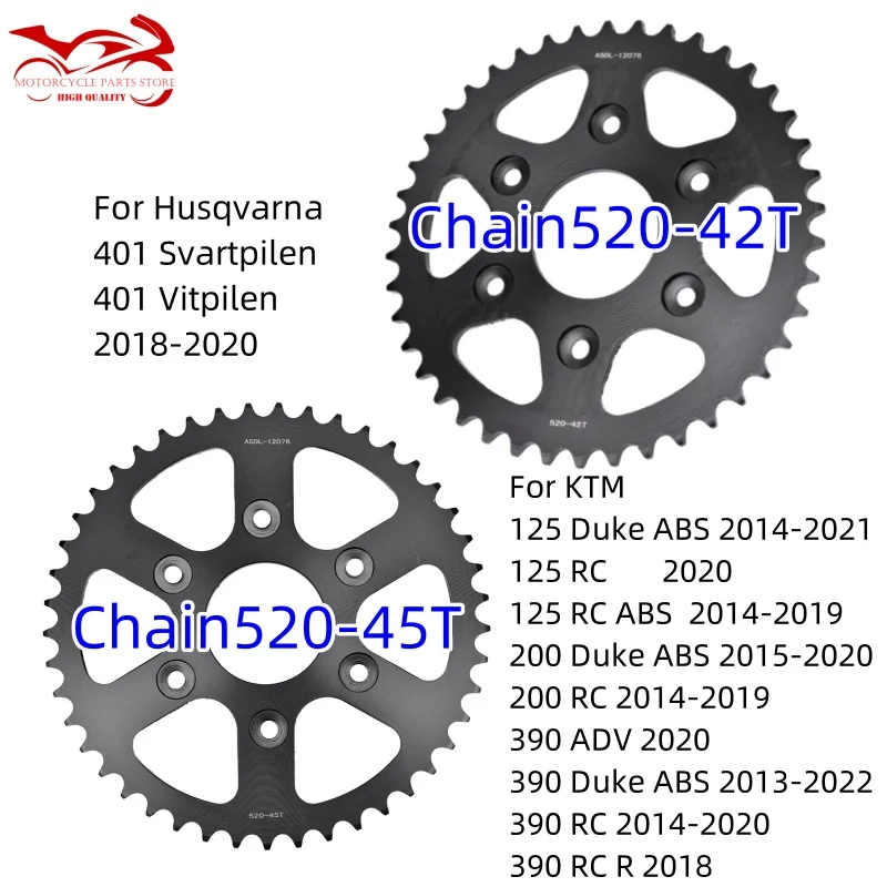 520 42T 45T Rear Sprocket For KT/M 125 200 390 Duke ABS 125 200 390 RC R 390 ADVenture For Husqvarna 401 Svartpilen 401 Vitpilen