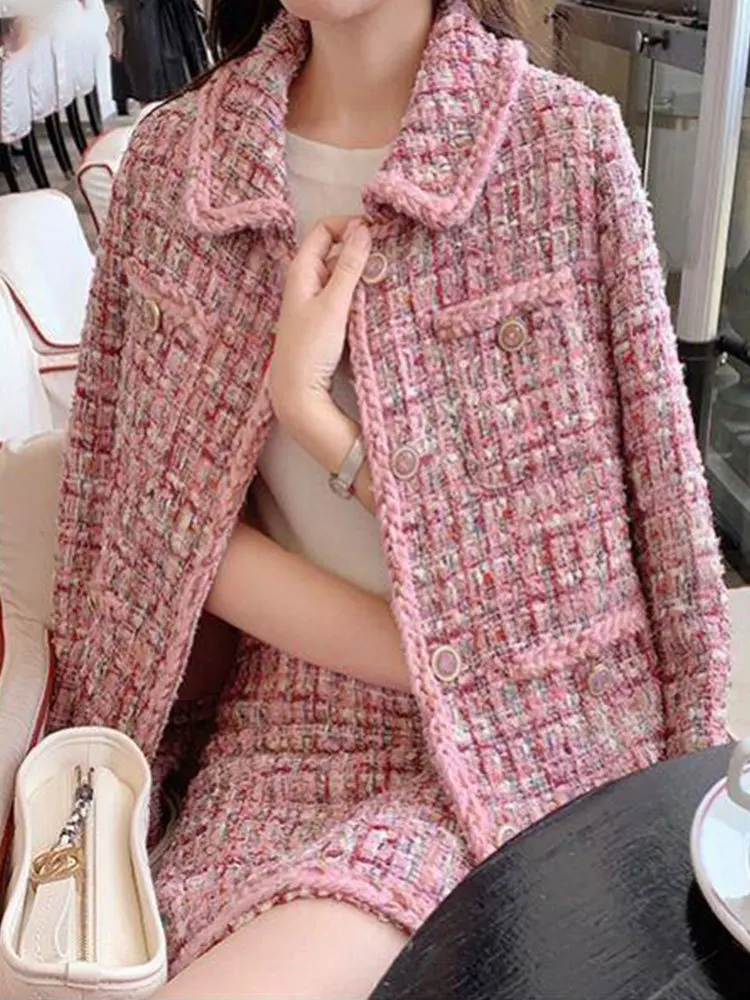 Fashion Elegant Pink Tweed Suit Women 2023 Autumn Winter Doll Collar Long Sleeve Single-Breasted Coat+A-Line Skirt Two-Piece Set