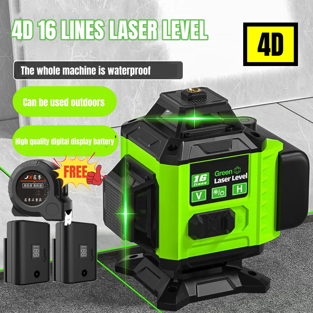 16 Lines Green Laser Level 360 Self-leveling Horizontal Vertical 3000mAh Digital Display Battery  Laser Level with Tape Measure