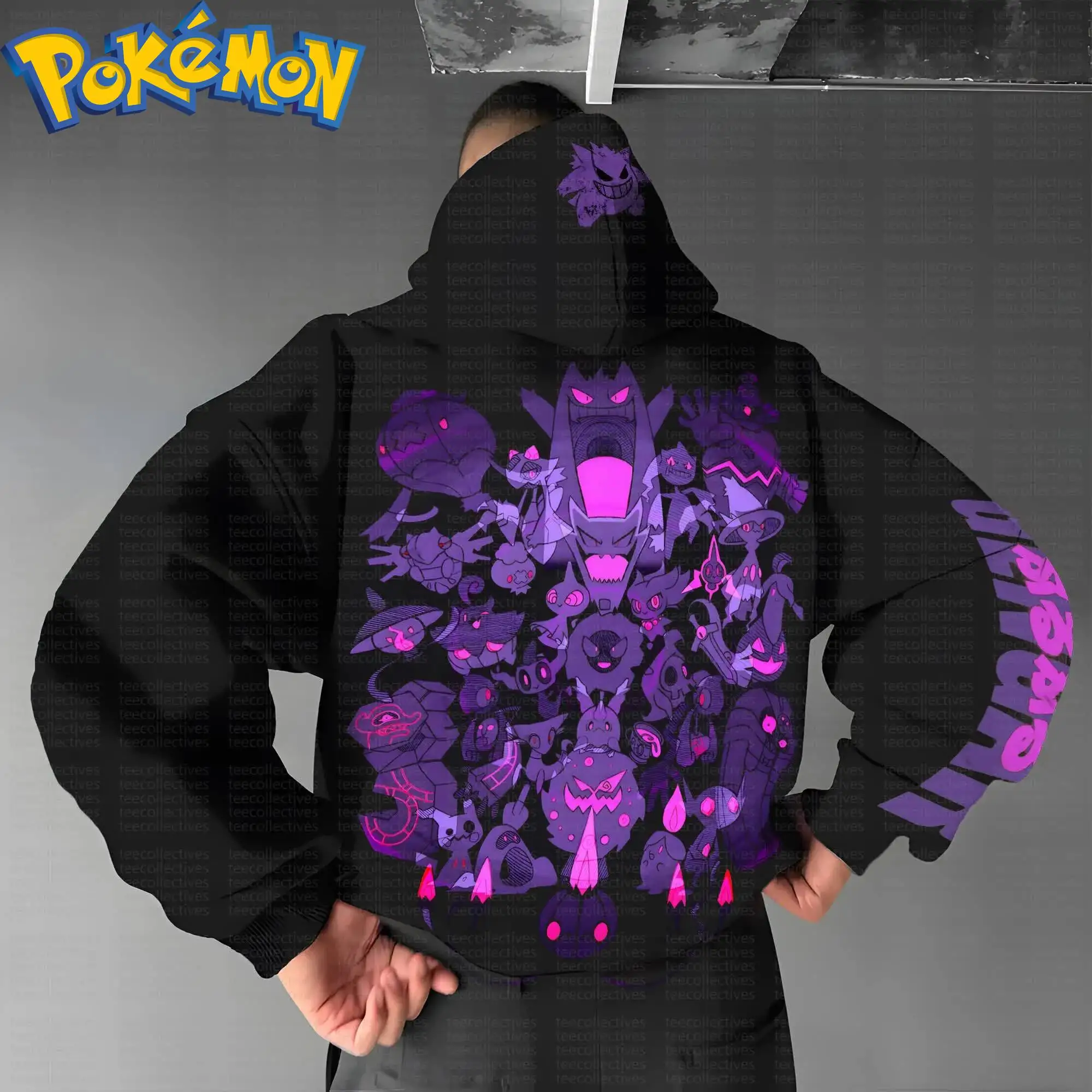 Pokemon Anime Baumwolle Hoodie Harajuku Hosen Set Schwarzer Charakterdruck mit lila rosa Multi-Kreatur-Muster Zweiteiliges Outfit
