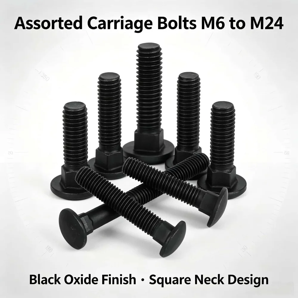 Black Oxide Grade 8.8 Carbon Steel Carriage Screws, Truss Round Head Square Neck Carriage Bolts, M6 to M24 Structural Fastener