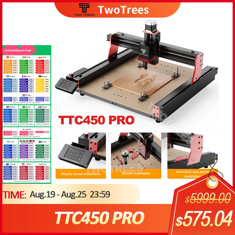 TwoTrees CNC TTC450 PRO 레이저 밀링 및 절단기 – 이중 황동 너트, XYZ 축 설계, 다채로운 유닛 DIY 라우터 가능