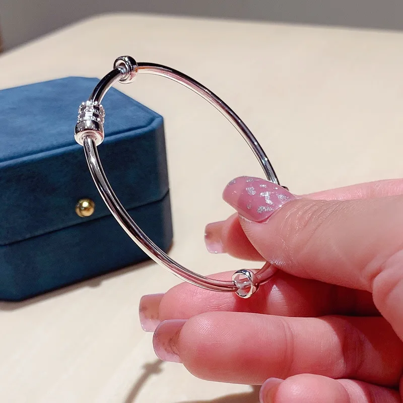 Adjustable 990 Sterling Silver Round Bead Charm Bracelet &Bangle for Women Female Elegant Jewelry